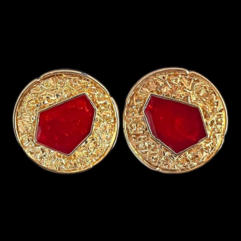 Vintage 1980s Clip Earrings Red Guilloche Enamel Textured Gold Tone - 4O